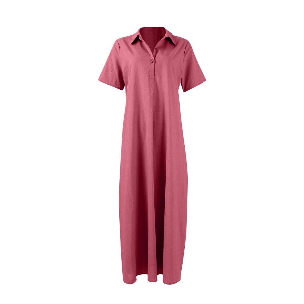 Women's Fashionable Solid Color V Neck Short Sleeved Button Loose Pullover Shirt Dress