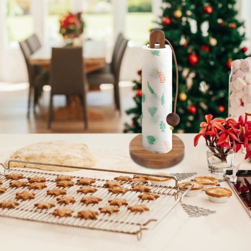 Wooden vertical paper towel holder, freestanding, one-handed tear-off, rounded base, non-slip, stylish paper towel stand, perfect for kitchen storage,