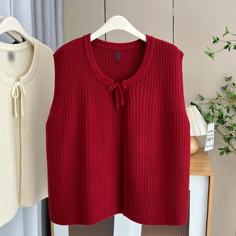 Plus Size Women Lace Up Knitted Sleeveless Cardigan Vest Casual Outerwear