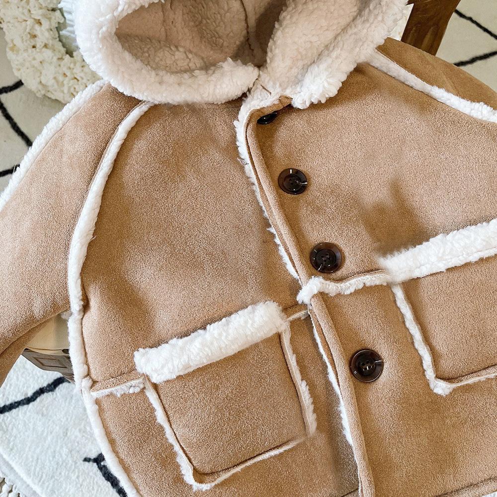 Børne Vinter Retro Ruskind Tykket Varm Jakke Enkeltknappet Ensfarvet Hyggelige Toppe