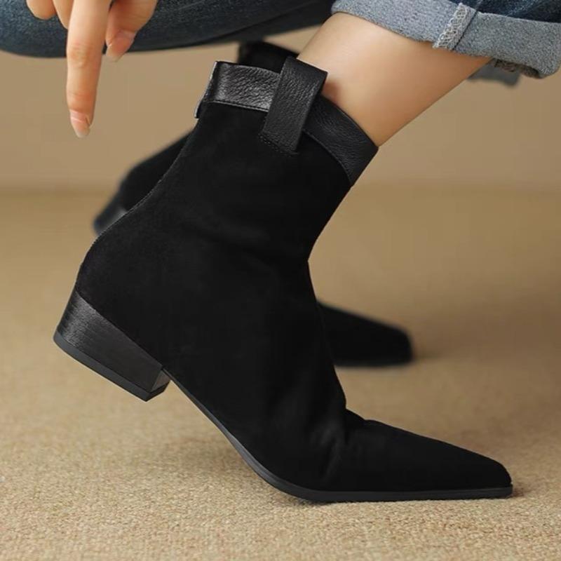 Dámske členkové čižmy so špicatou špičkou na podpätku 2025 Dizajnové Elegantné Topánky Módne Suede Chelsea Krátke Topánky Zimné Nové Party Zapatillas