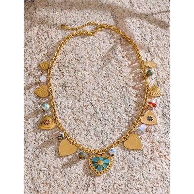 Yhpup 2025 Exquisite Stainless Steel Ceramic Beads Heart Love Drop Necklace High Quality Golden Charm Jewelry Recommend