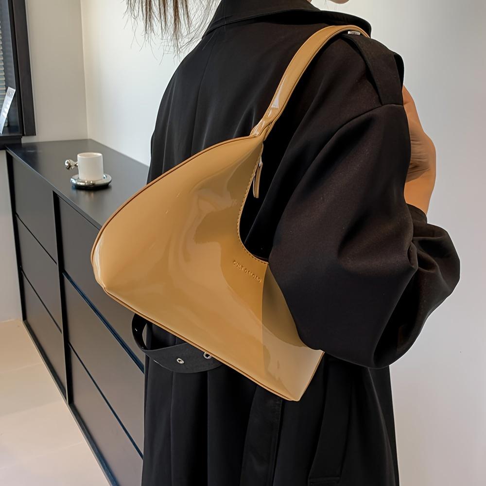 Solid Color Glossy Shoulder Bag Trendy PU Leather Hobo Bag Women'S Fashion Handbag & Tote Purse