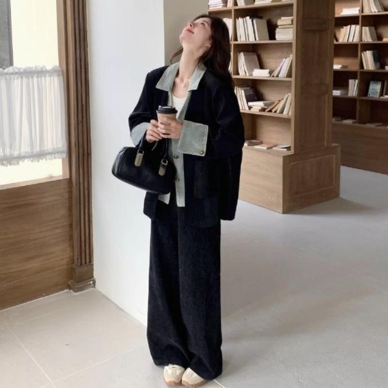 

Корейская мода Джинсовый блейзер Брюки широкие от бедра Комплект из двух предметов Женский Весна Осень Офисный костюм M чёрный