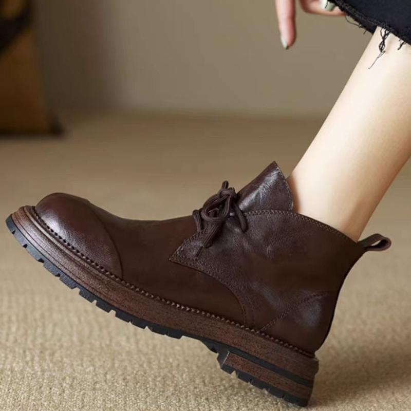 Novas Botas Femininas Outono Inverno 2025 Genuínas Casuais Sapatos Femininos Bico Redondo Salto Grosso Cadarço Botas de Tornozelo de Montaria