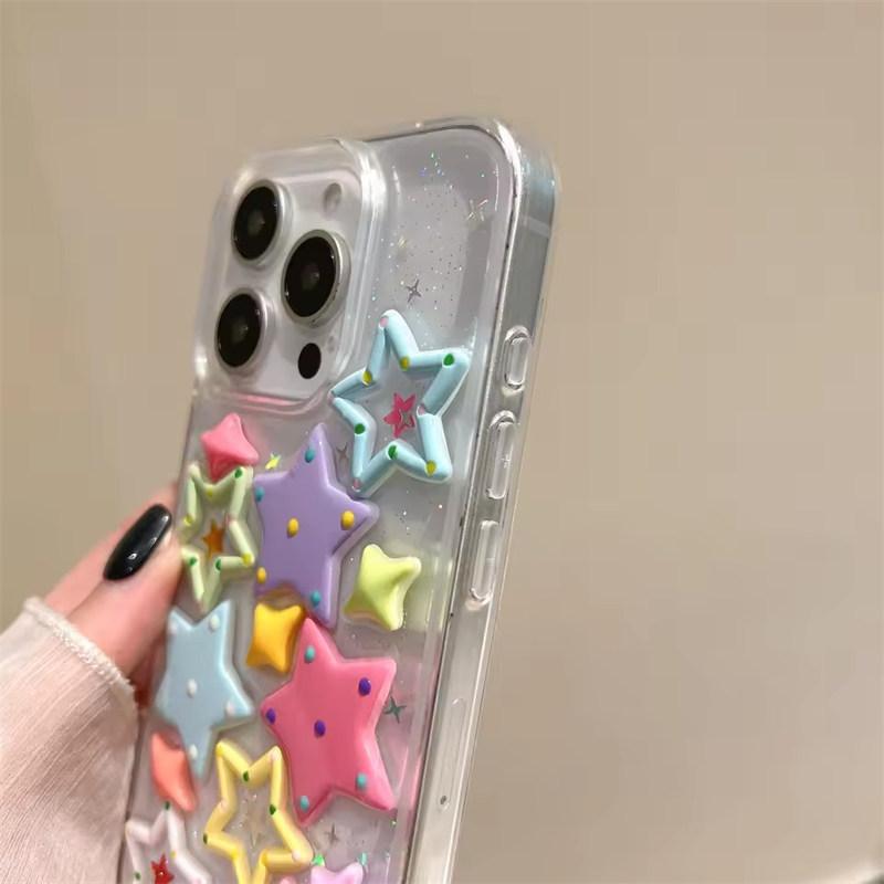 Glitter Bling 3D Dopamine Stars Protection Case For iPhone17 Air 16 E 15 14 13 12 11 Pro Max Plus X XR 7/8 SE Lovely Epoxy Transparent Acrylic Cover