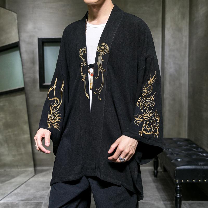 Mode Kostüm Stickerei Hanfu Herren Chinesischen Stil Robe Strickjacke Jacke Übergroßen Kimono Alten Mantel Männlich