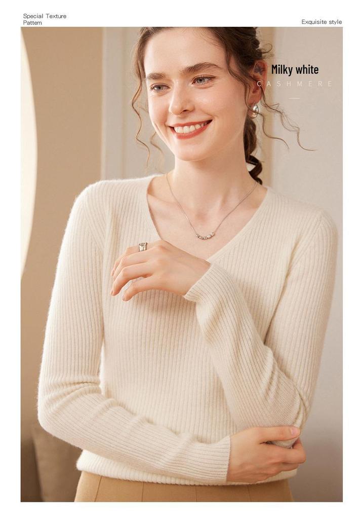 Women's V-Neck Cashmere Striped Slim Fit Long Sleeve Sweater - Warm Autumn/Winter Base Layer