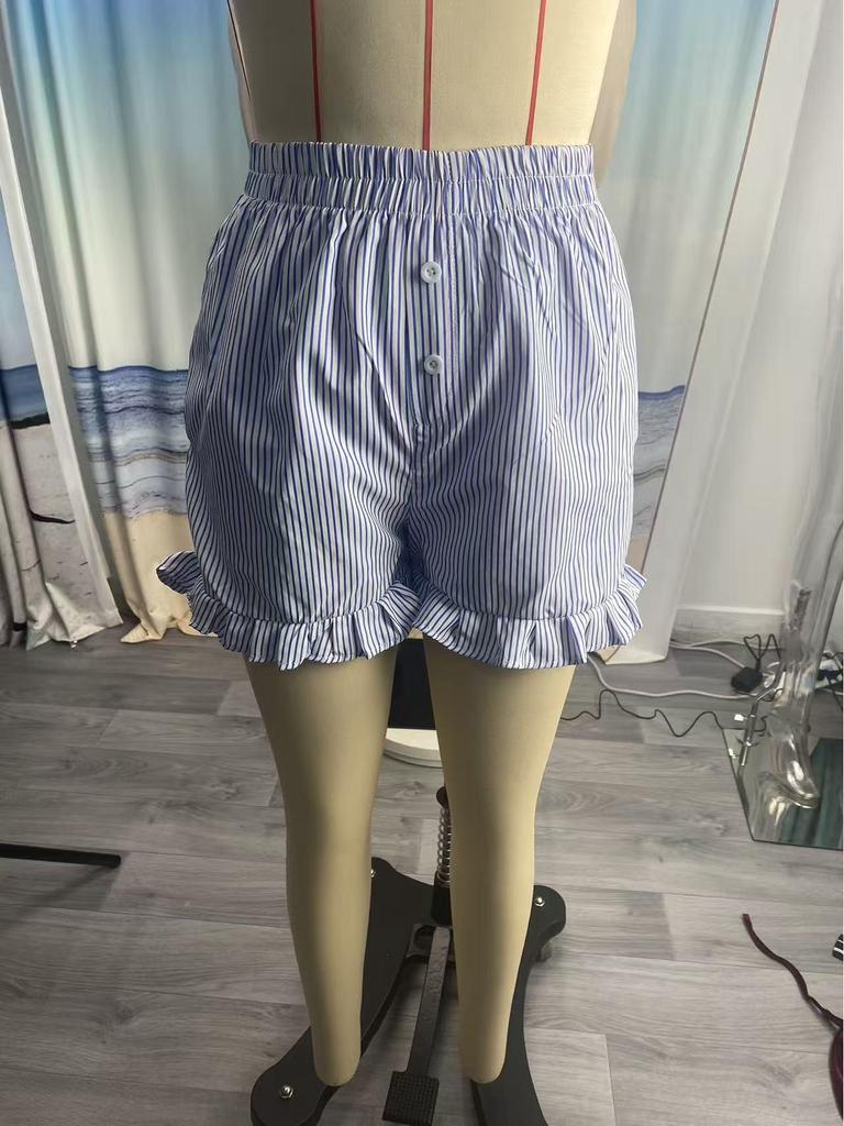 Women's Y2K Ruffle Striped Casual Shorts with Pockets - Spring/Summer Pajama Beachwear