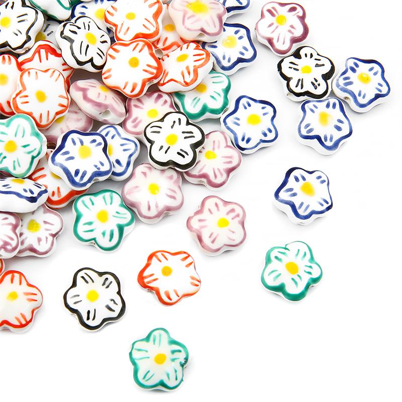 2 Stück/Beutel, handbemalt, 15 mm, Keramik-Porzellan-Blumenperlen, Charm, lose Distanzperlen für Halskette, Ohrringe, DIY-Schmuck, Basteln