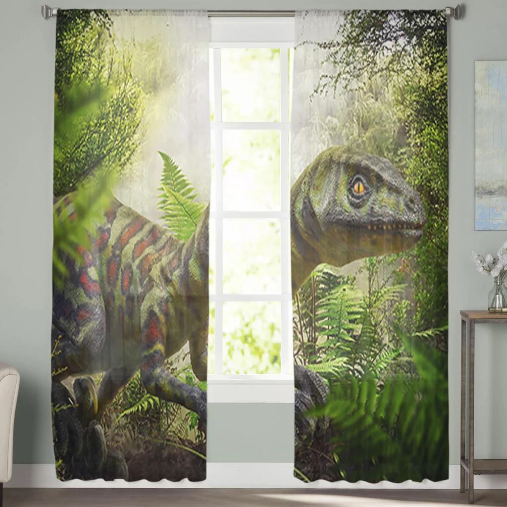 Dinosaur Jungle Curtain Window Tulle Living Room Bedroom Kitchen Chiffon Treatment Decorations Sheer For Sitting Made Of Polyester