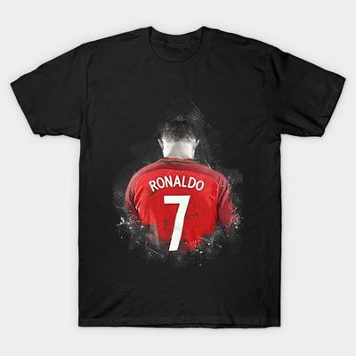 Men Black Print T-shirt Cristiano Ronaldo Portugal No-Cut Transfer Paper Print Cotton Tshirt