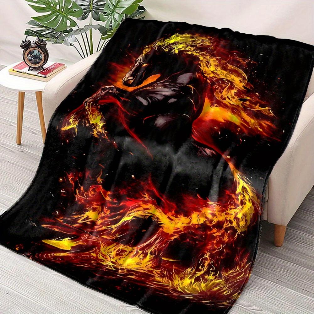 Cozy Black Flame Horse Print Reversible Flannel Throw Blanket - Ultra-Soft, Warm, and Lightweight for Snuggling Up on Couch
