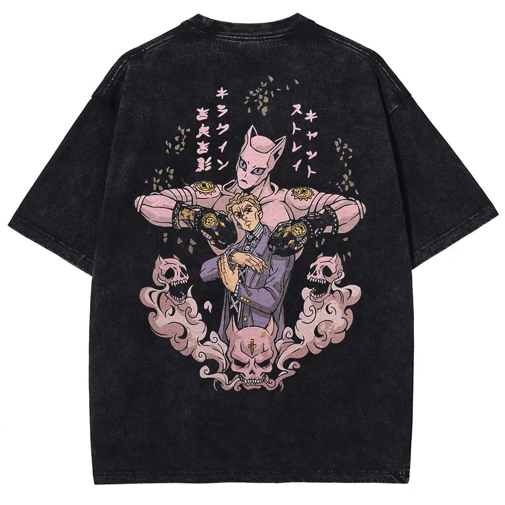 JoJo's Bizarre Adventure Kira's Stand Vintage T-shirt Women's Men's Street Washed Cotton T Shirt Men Tops Clothing