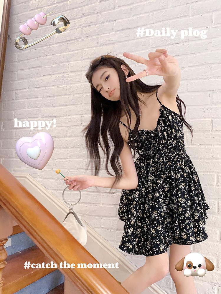 Spring/Summer 2026 Black Floral Tea Dress - Women's Short Camisole Skirt