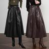 Women's Elegant Lambskin High Waist Pleated A-line Skirt, Mid-length Korean Style