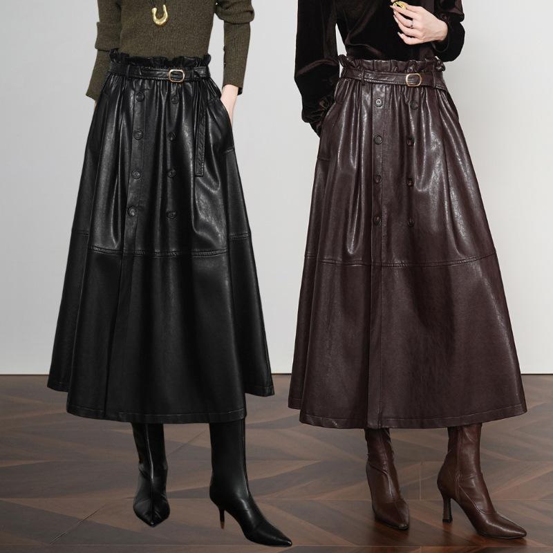Women's Elegant Lambskin High Waist Pleated A-line Skirt, Mid-length Korean Style