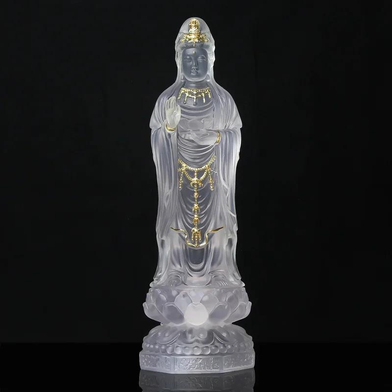1 PCS 29cm Resin Putuo Nanhai Guanyin Character Station Buddha Statue Home Decoration Gold Carving Crafts Feng Shui Ornament