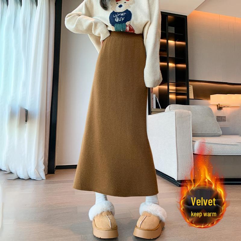 Women's High-Waisted Plus Velvet Slim-Fit Knit Midi Skirt (Petite, 2025).