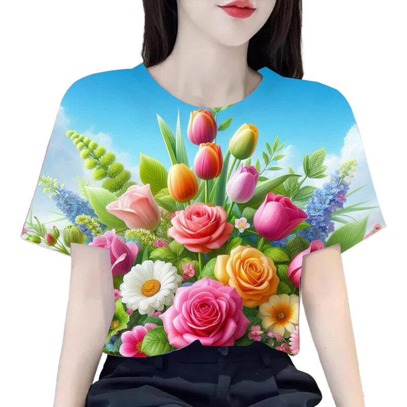 Summer Hot Sale Creative Personalized Flower 3D Print Short Sleeve Women's Fashionable round Neck T-Shirt Polyester Material