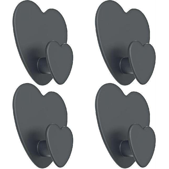Heart Hooks Multipurpose Hooks 4 Coat Hooks with Adhesive Backing Damage-Free Hanging and No Tools for Jewelry, Necklaces, Hats, Bags, Dog Leashes,