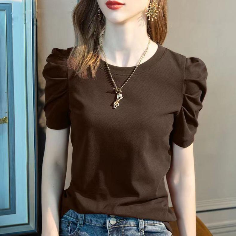 Letní tričko s krátkým rukávem dámské top ve francouzském stylu s bublinkovými rukávy