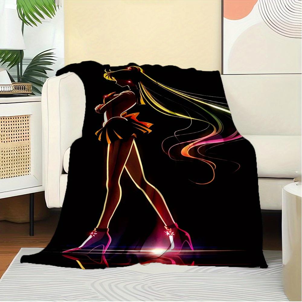 For Sailor Moon,Neon Lights,Silhouette-Themed Flannel Blanket, Glam Style, Digital Print, All-Season Comfort, Tear-Resistant, Knitted Crafts