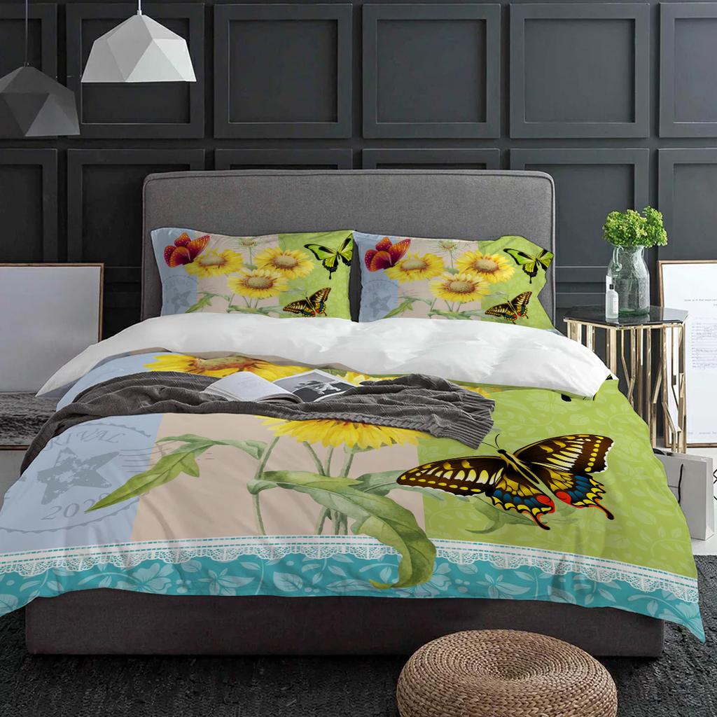 Flower Sunflower Butterfly Postmark Duvet Cover With Pillow Case Custom 3pcs Bedding Set Quilt Cover Double Bed Home Textile