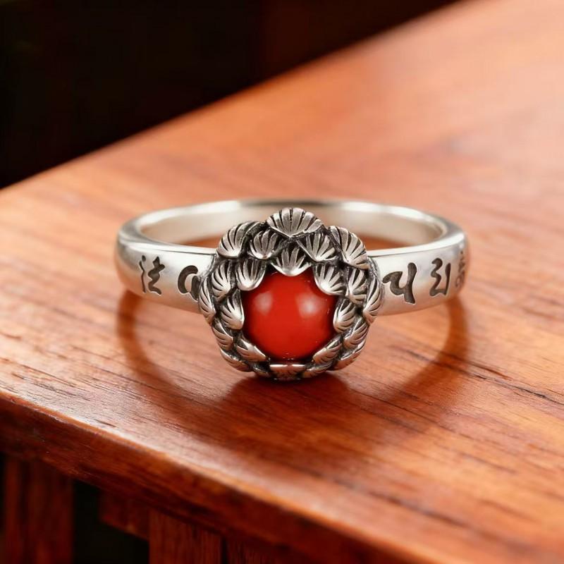 Adjustable Open Ring With Red Agate Inlaid Lotus Flower Design Vintage Boho Womens Jewelry Adjustable Open Band