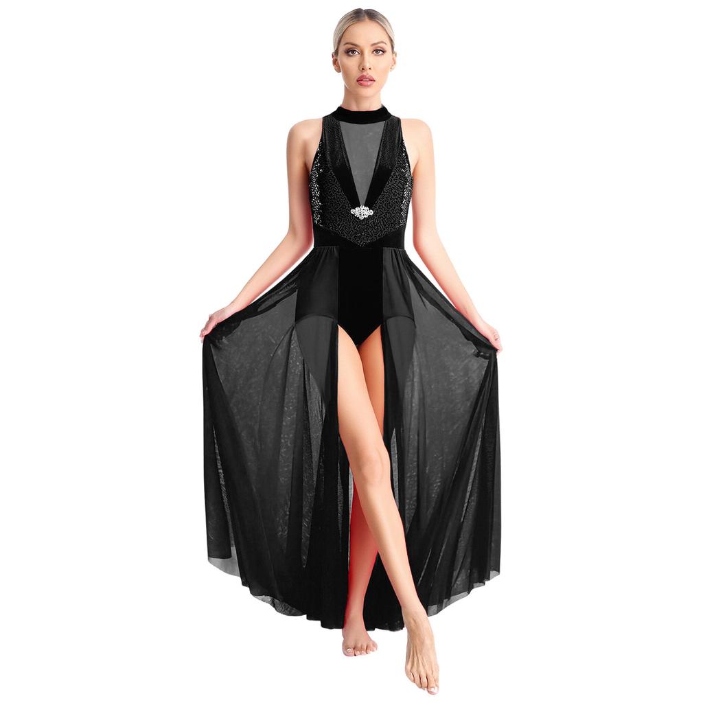 Women Lyrical Dance Leotard Dress Modern Contemporary Costume Sequins Halter Sleeveless Long Flowy Maxi Dress