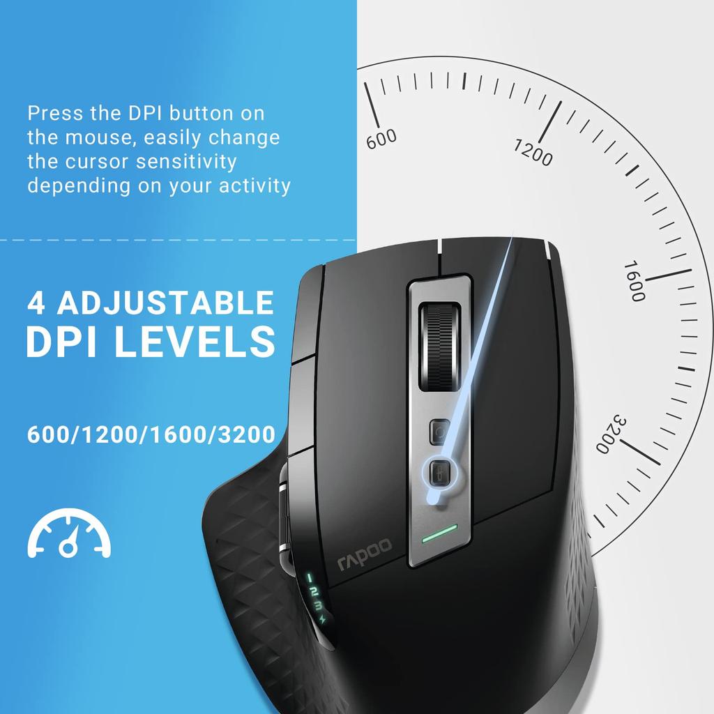 RAPOO MT750 Wireless Bluetooth DPI Supports Up to 4 Ergonomic 6 Programmable Optical Mouse with Side Compatible with and Black Mouse, 5.0/2.4GHz,
