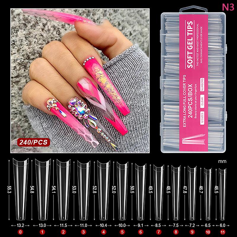 240Pcs/Box Fake Nails Clear Super Long False Nail Acrylic Artificial Nail For Extension Manicure Charms Nail Tips Art Salons