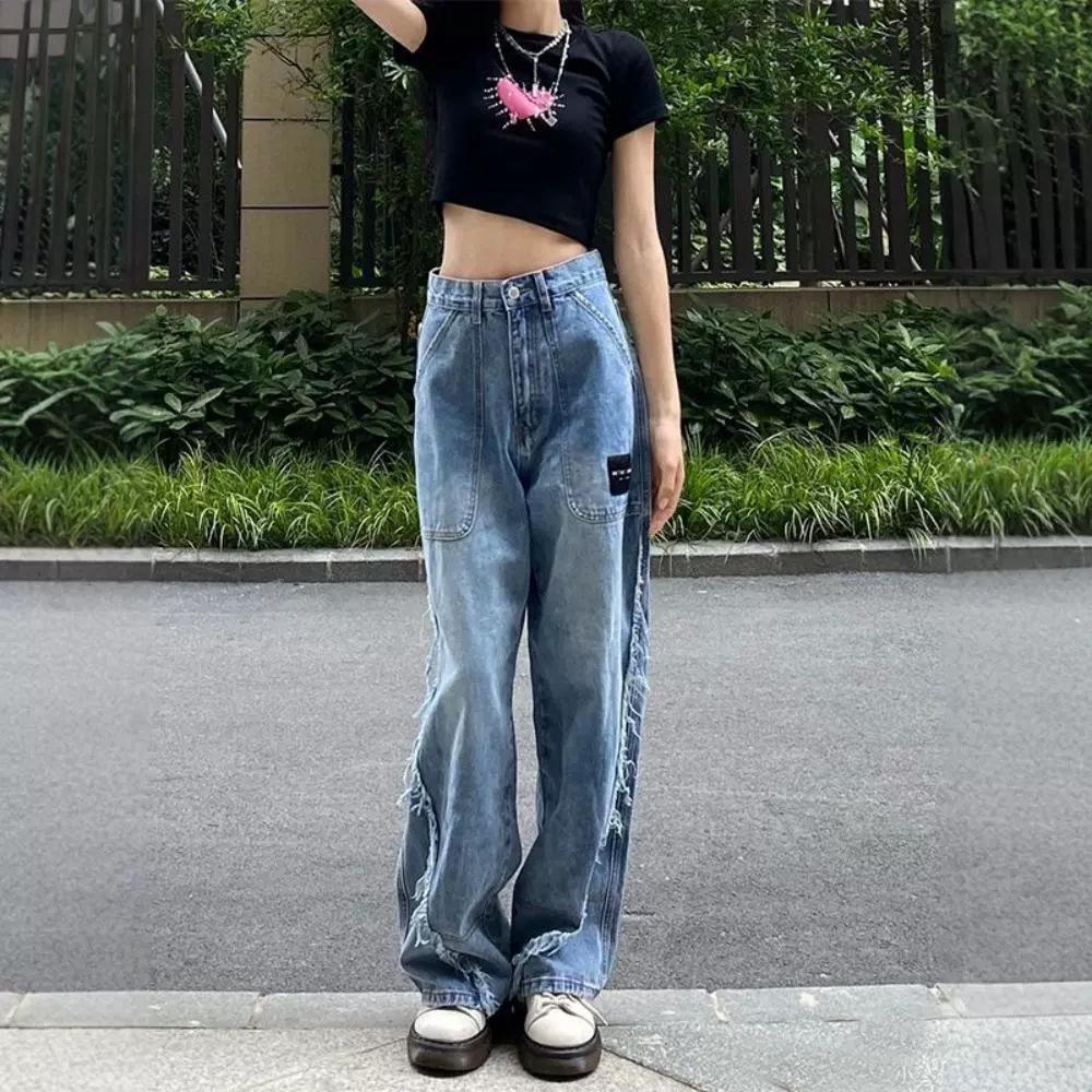 

Женские джинсы с высокой посадкой, необработанным краем и широкими штанинами – Весна/Осень 2025, Облегающий дизайн с бахромой XL синий