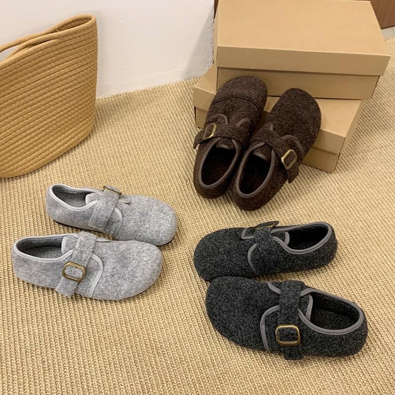 Gray Fluffy Shoes for Women To Wear In Winter, New Korean Version of Woolen Single Shoes for Women, Flat-soled Doudou Shoes, Velvet Thermal Cotton Sh