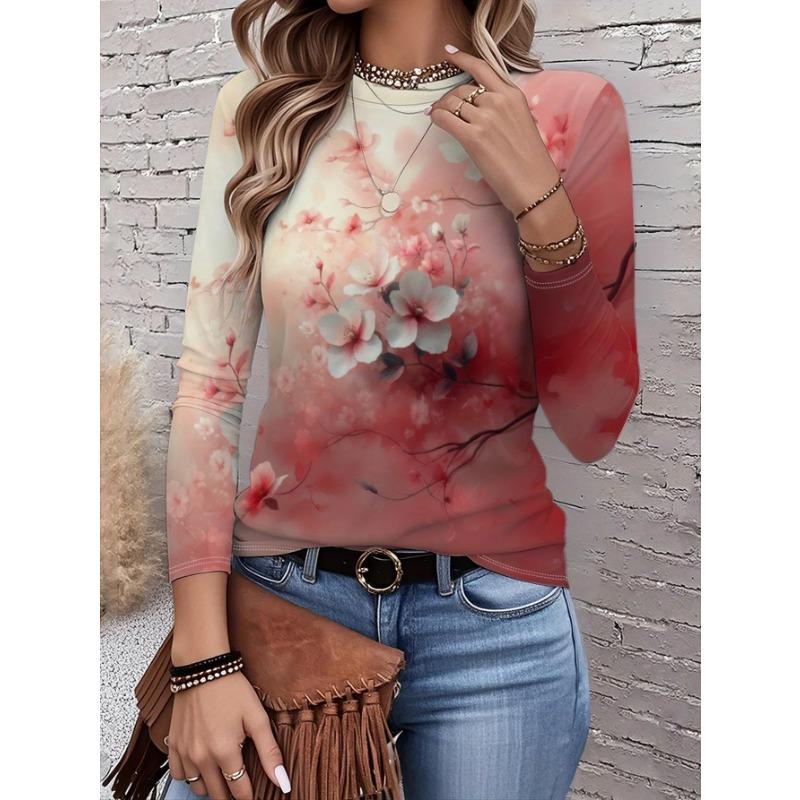 Spring and Autumn Round Neck Flower Pattern 3D Printed Top Fashionable Casual Long Sleeved Women's T-shirts