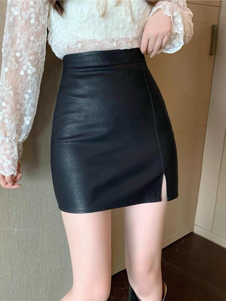 2023 New Coffee High-Waist PU Leather Skirt for Women: Slim Fit, Autumn/Winter Anti-Exposure Style