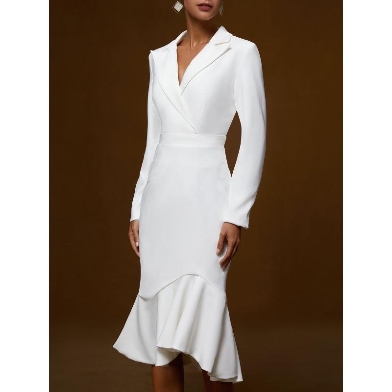 DAFIFY Women's Fashion Spring Fall Solid Color Print Long Sleeve POLO Neck High Waist Casual Dresses