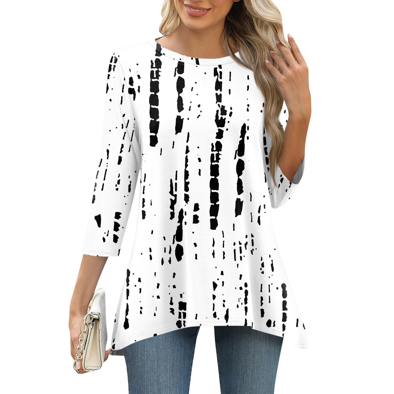 

3/4 рукав туника топы для женщин принтованный повседневный выходной свободный крой модная базовая футболка с круглым вырезом M