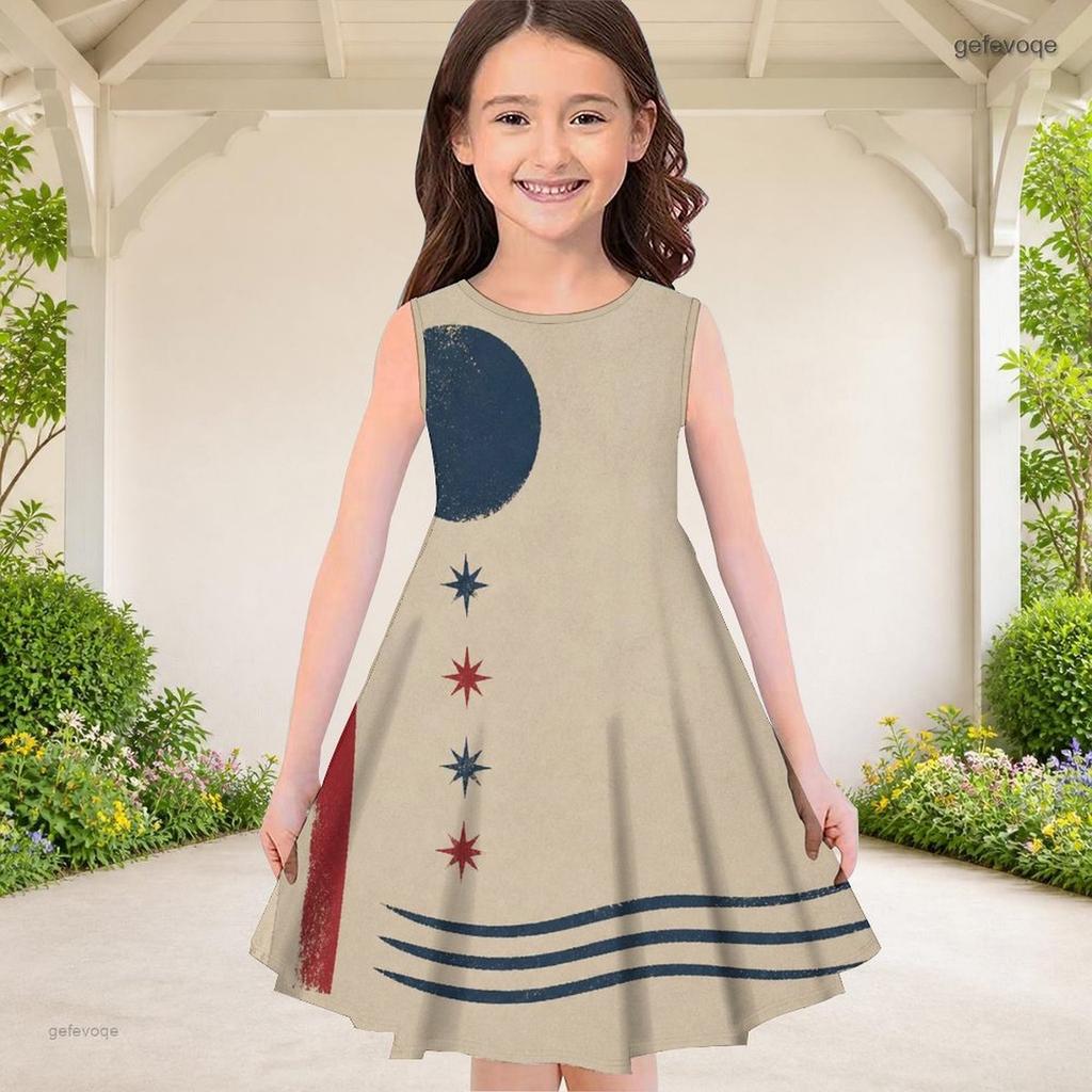 Girls Round Neck Sleeveless Printed Beige A Line Flared Dress