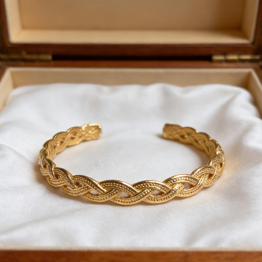 1pc High-quality Stainless Steel Woven Golden Open Bangle, Fade-resistant Adjustable Size, Comfortable and Versatile, Simple and Elegant