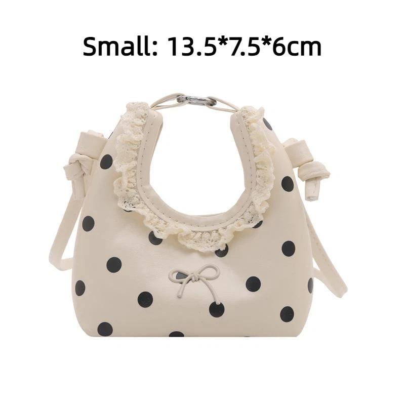 Polka Dot PU Leather Bag with Detachable Strap Lace Ruffled Handle Cute Bow Casual Purse for Daily Use