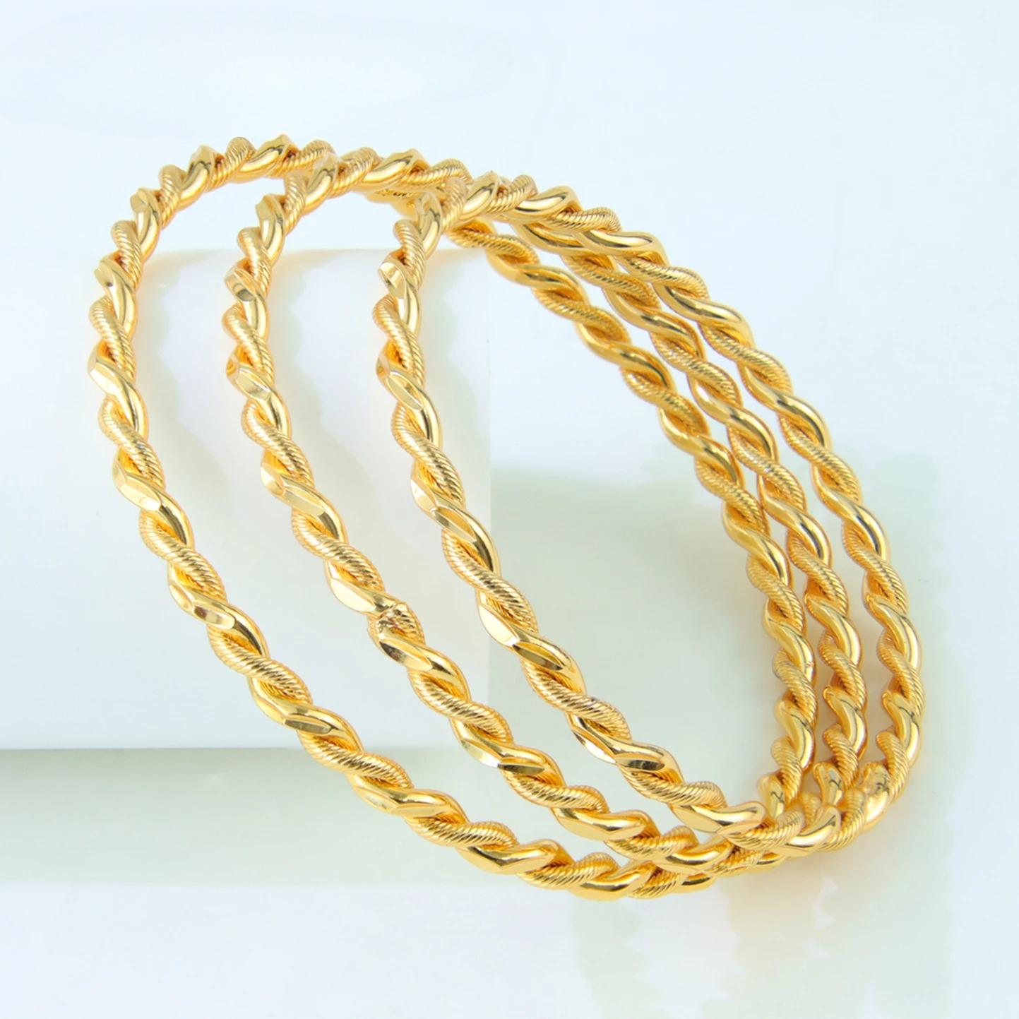 

Nigeria Wedding Twist Rope Stackable Bracelet 21k Gold Plated Dubai Simple Cuff Bangles Italian Muslim Women Party Jewelry