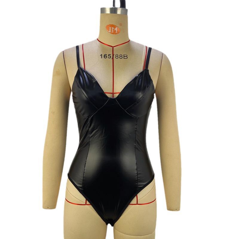 2024 Autumn/Winter Slimming Sexy Suspenders Jumpsuit with PU Splicing - Women's Vest Style