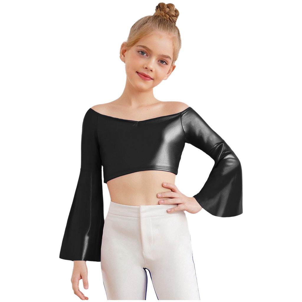 Flickors Prestanda Crop Top Lång Utställd Ärm Off Shoulder Metallisk Design Födelsedagsfest Toppar