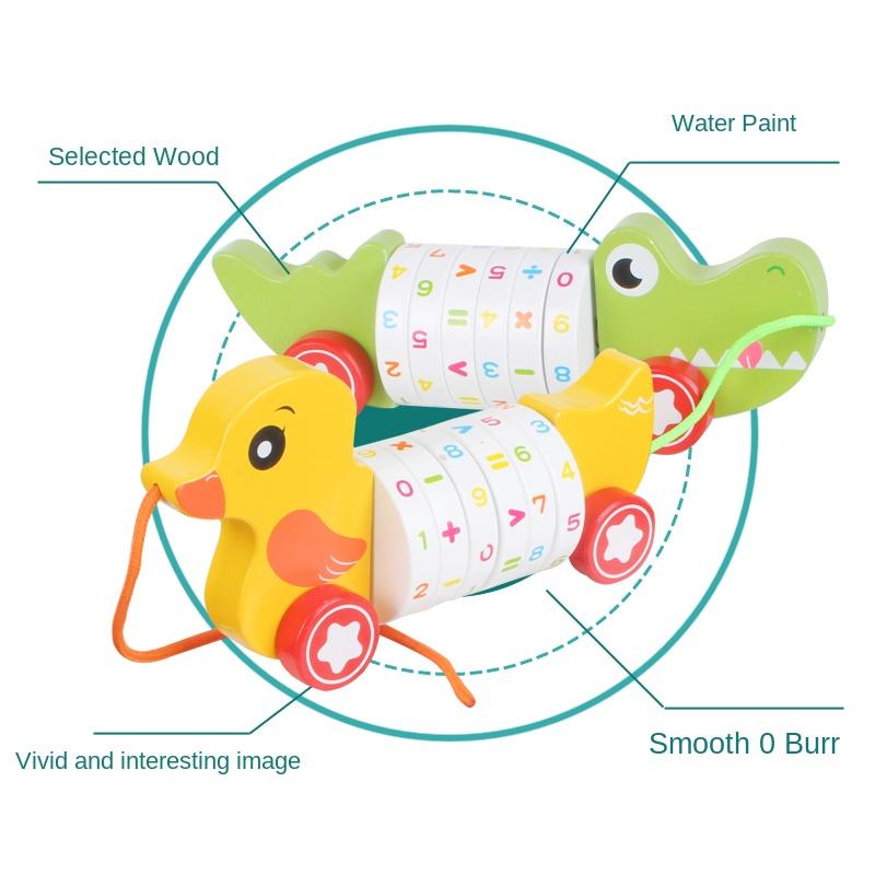 Wooden Animal Push Down Car Pull Rope Car Towing Toys Push and Go Baby Girl Walker Duck Puppy for Kids Early Education Toddler