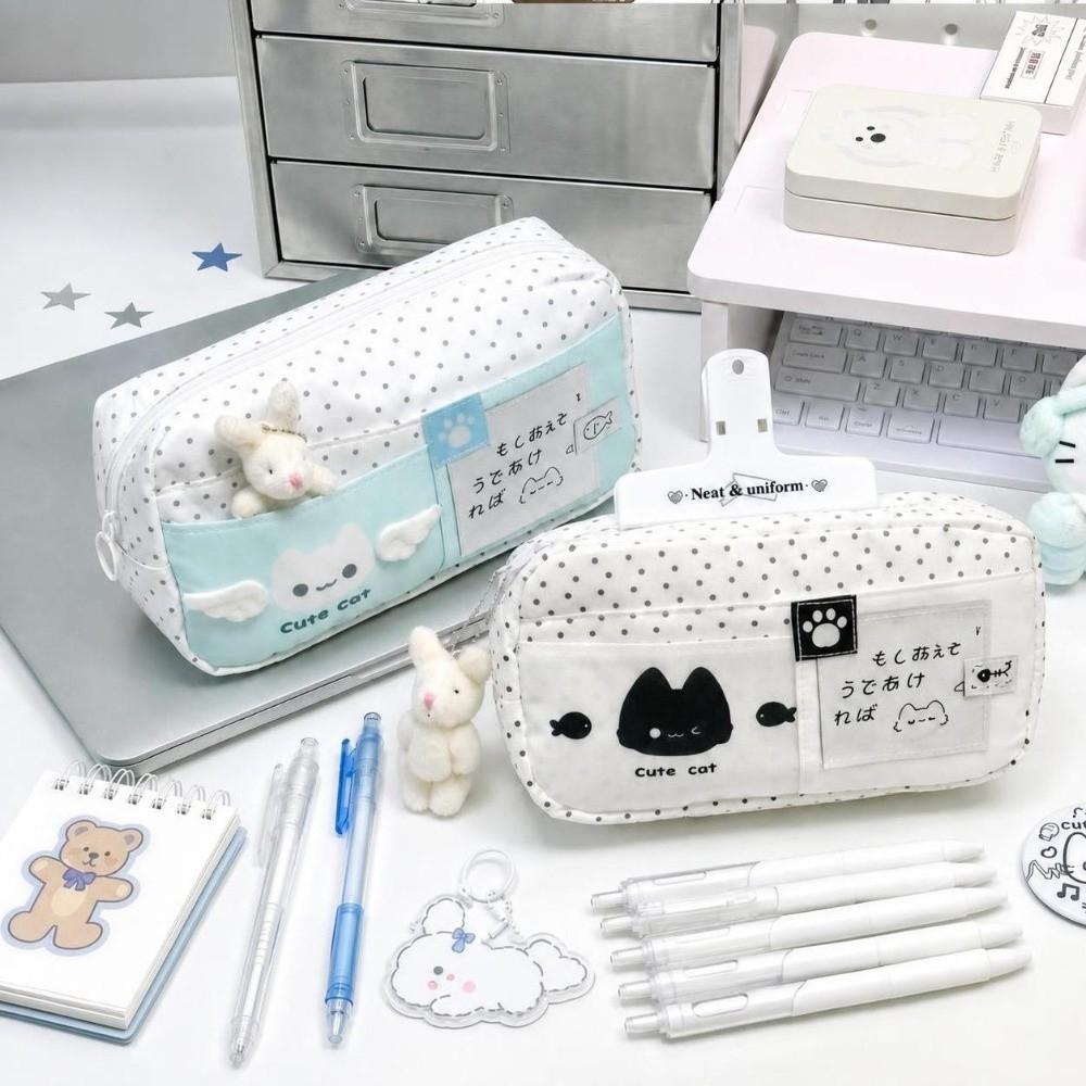 New Large Capacity Cat Pattern Pencil Case Polka Dot Multi-Layer Stationery Organizer Cartoon Zipper Pen Bag Daily