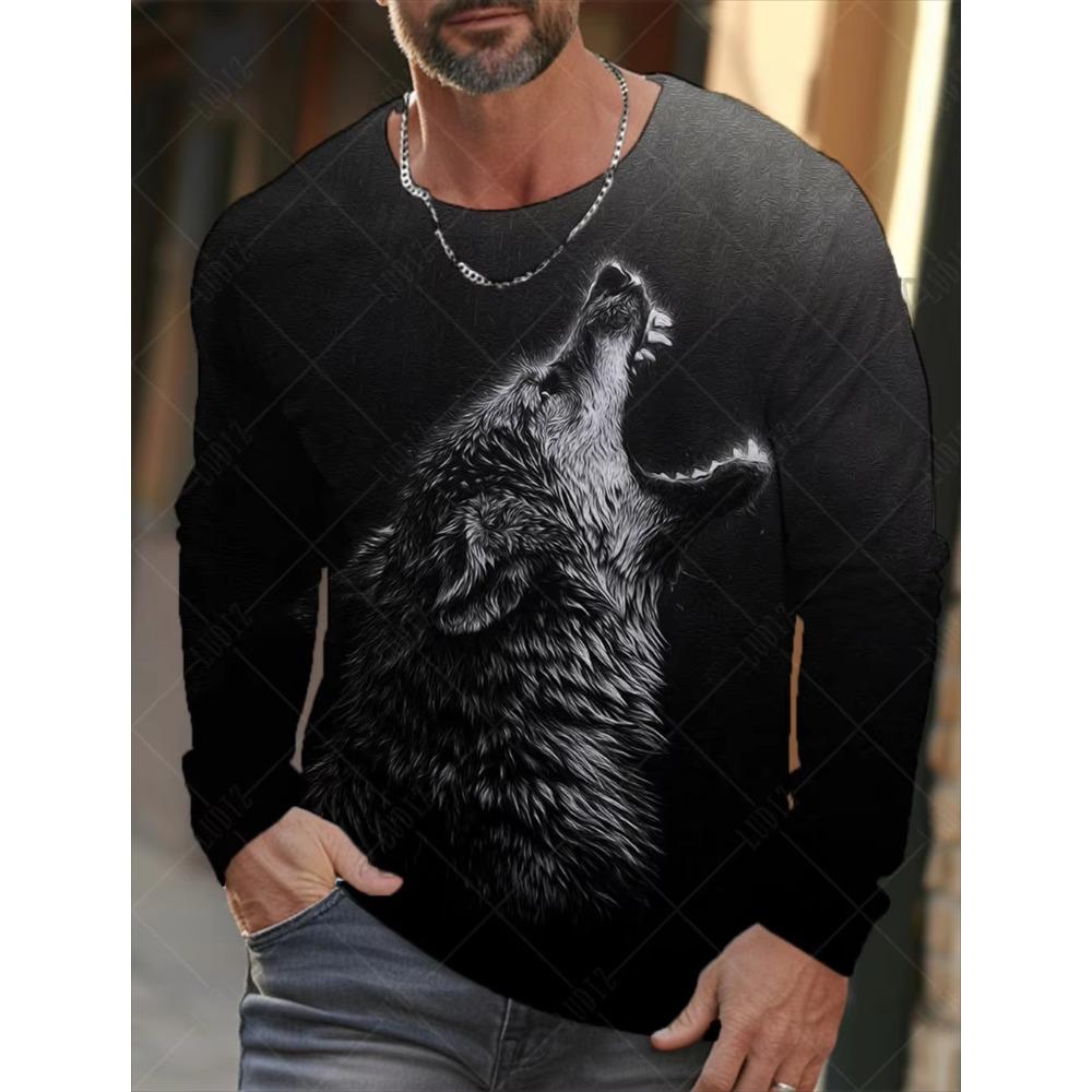 Animal Wolf Printed T-shirt Men Long Sleeve Casual Fashion T-shirt Personalized Comfortable Breathable Versatile Autumn T-shirt