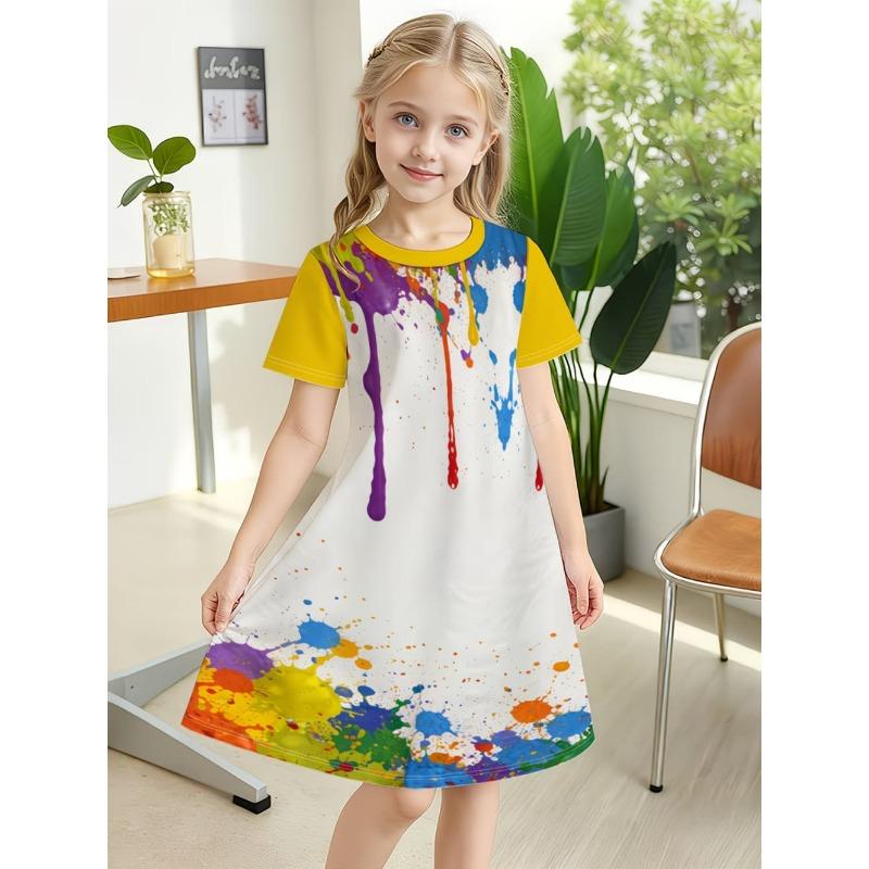 Dress for Girls Tie-Dye Multicolor Graffiti 3D Print Round Neck Colorful Dress Casual Summer Short Sleeve