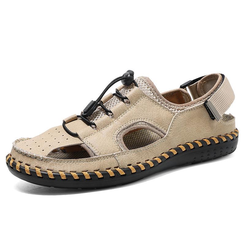 

Мужские римские сандалии из коровьей кожи 2025 новая летняя модная повседневная обувь мужская сумка на голову крутые кожаные туфли дышащая обувь для вождения 46 песочный