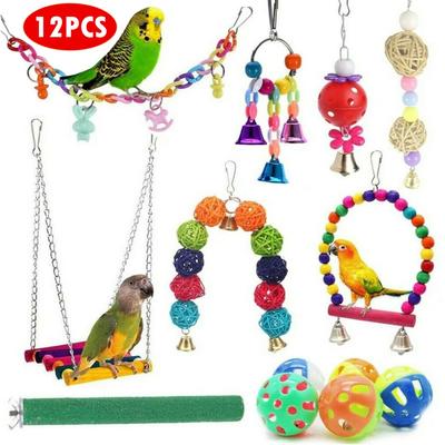 12pcs/Set Bird Parrot Swing Chewing Hanging Bell Cockatiel Cage Training Toys